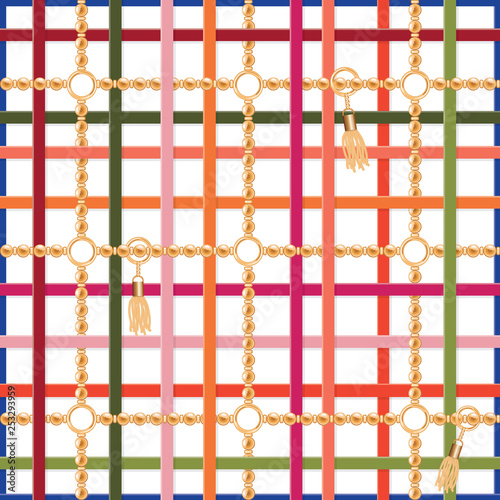 Belts,chains and tassels geometric seamless pattern. Colorful trendy print for fabric, scarf, cravat design. Vector