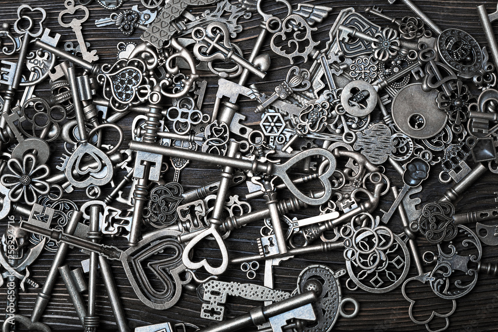 Full frame photo of the various antique keys