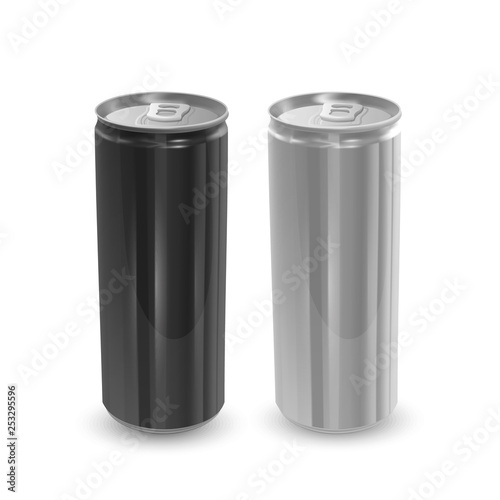 Set of Aluminum cans of Black and Silver colors, isolated on white background. The image of the empty layout for your design, 3D vector Illustration