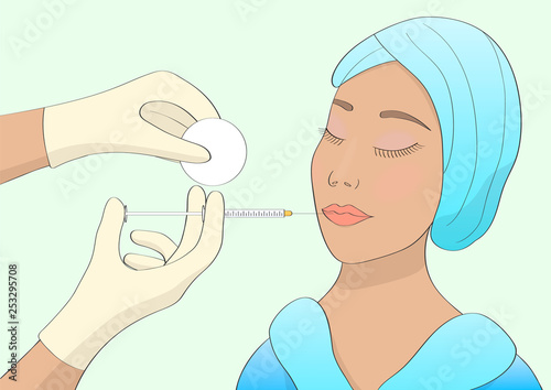 The girl makes the procedure to increase the lips