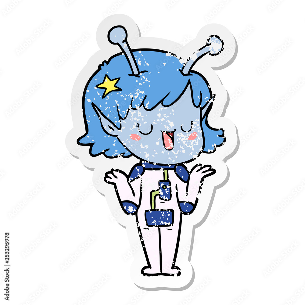 distressed sticker of a happy alien girl cartoon distressed sticker of a happy alien girl cartoon