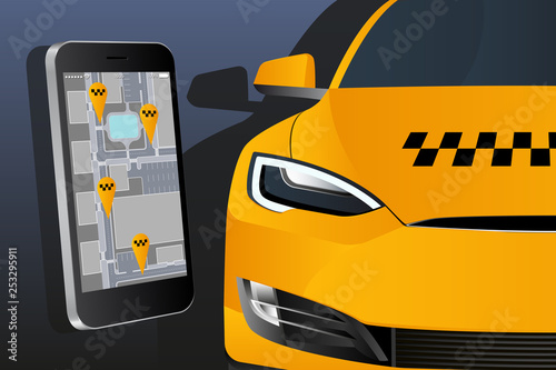 Mobile application for ordering a taxi. Template design on a dark background. Vector illustration EPS 10
