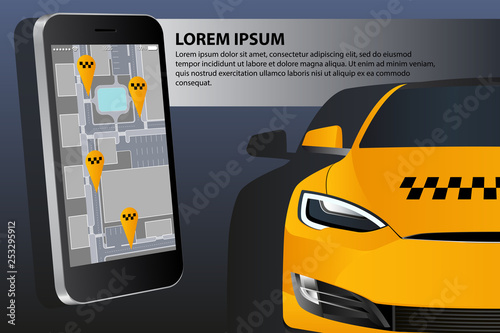 Mobile application for ordering a taxi. Template design on a dark background. Vector illustration EPS 10