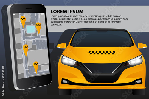 Mobile application for ordering a taxi. Template design on a dark background. Vector illustration EPS 10