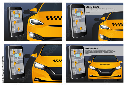 Mobile application for ordering a taxi. Set of templates on a dark background. Vector illustration EPS 10