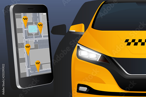 Mobile application for ordering a taxi. Template design on a dark background. Vector illustration EPS 10