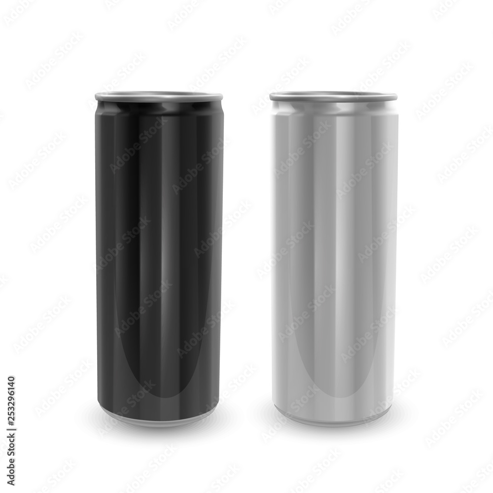 Set of Aluminum cans of Black and Silver colors, isolated on white background. The image of the empty layout for your design, 3D vector Illustration Set of Aluminum cans of Black and Silver colors, isolated on white background. The image of the empty layout for your design, 3D vector Illustration