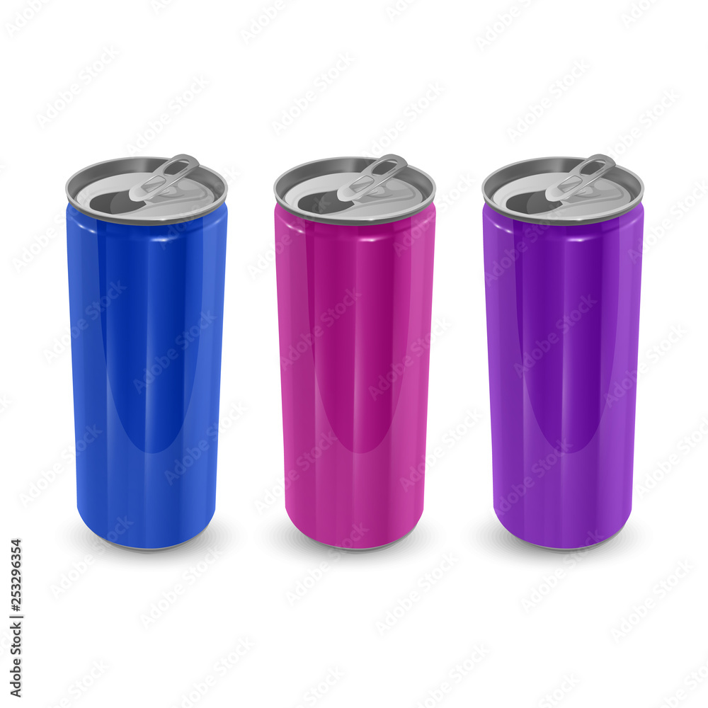 Set of Aluminum cans of Blue, Pink and Purple colors, isolated on white background. The image of the empty layout for your design, 3D vector Illustration