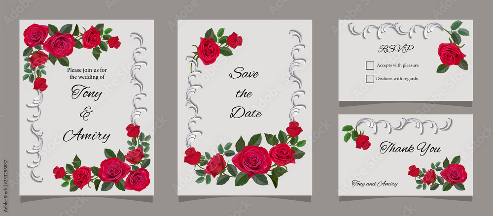 Greeting card with red roses, for invitation, wedding, birthday and other holiday and summer background- Vector