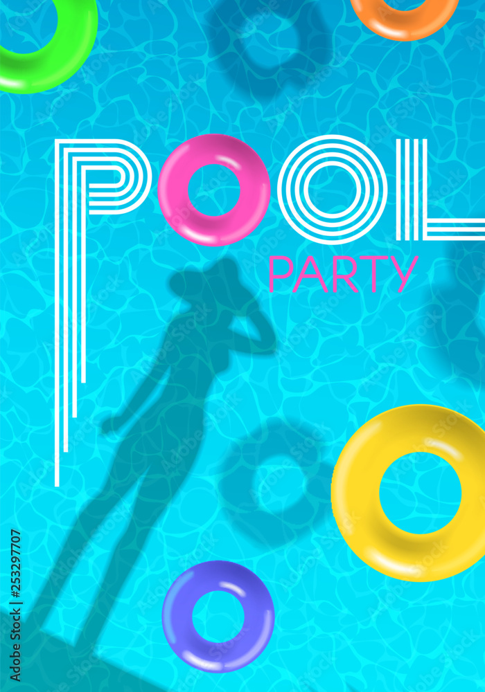 Fototapeta premium pool party poster with woman shadow silhouette swimming rings on water surface