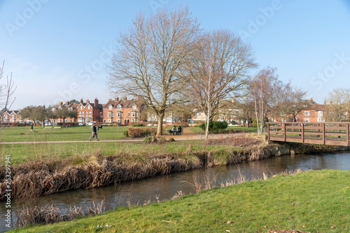 Salisbury, Wiltshire, England, UK, February 2019. The Bishops Grounds and River Avon overlooked by parkland during winter.
