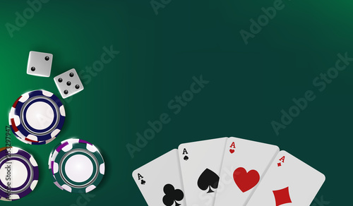 Top view of Casino table. Poker chips, dice and cards on green background. Online Vegas casino banner with chips on green game table and place for text. Gambling 3d vector backdrop concept.