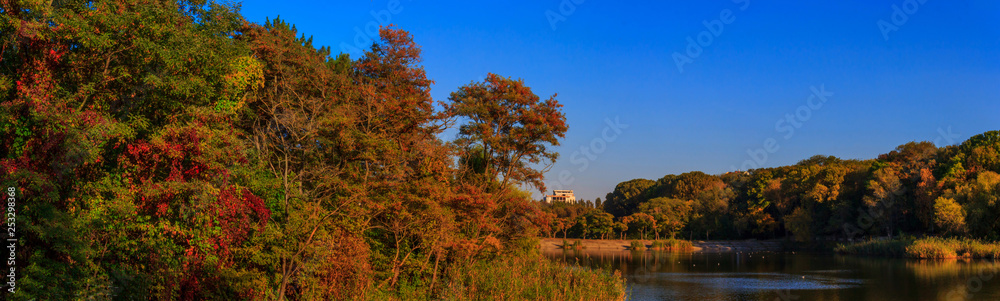 Landscape panorama photo fall, autumn forest near a small lake.