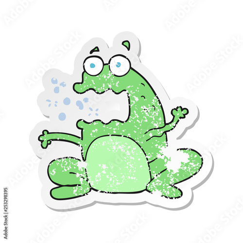 retro distressed sticker of a cartoon burping frog