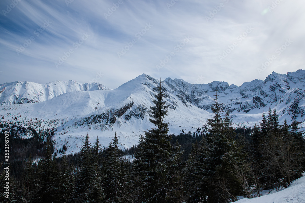 Landscape view of mountain tops in the Zakopane and in Poland area covered with fresh snow during a sunny day