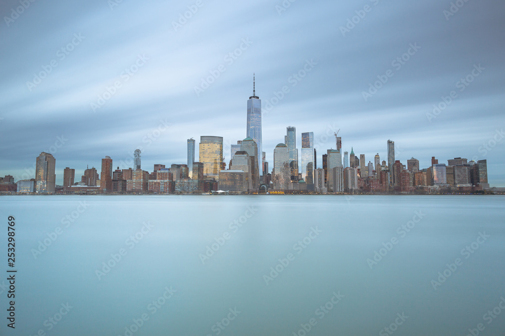 Financial district from hudson river with long exposure