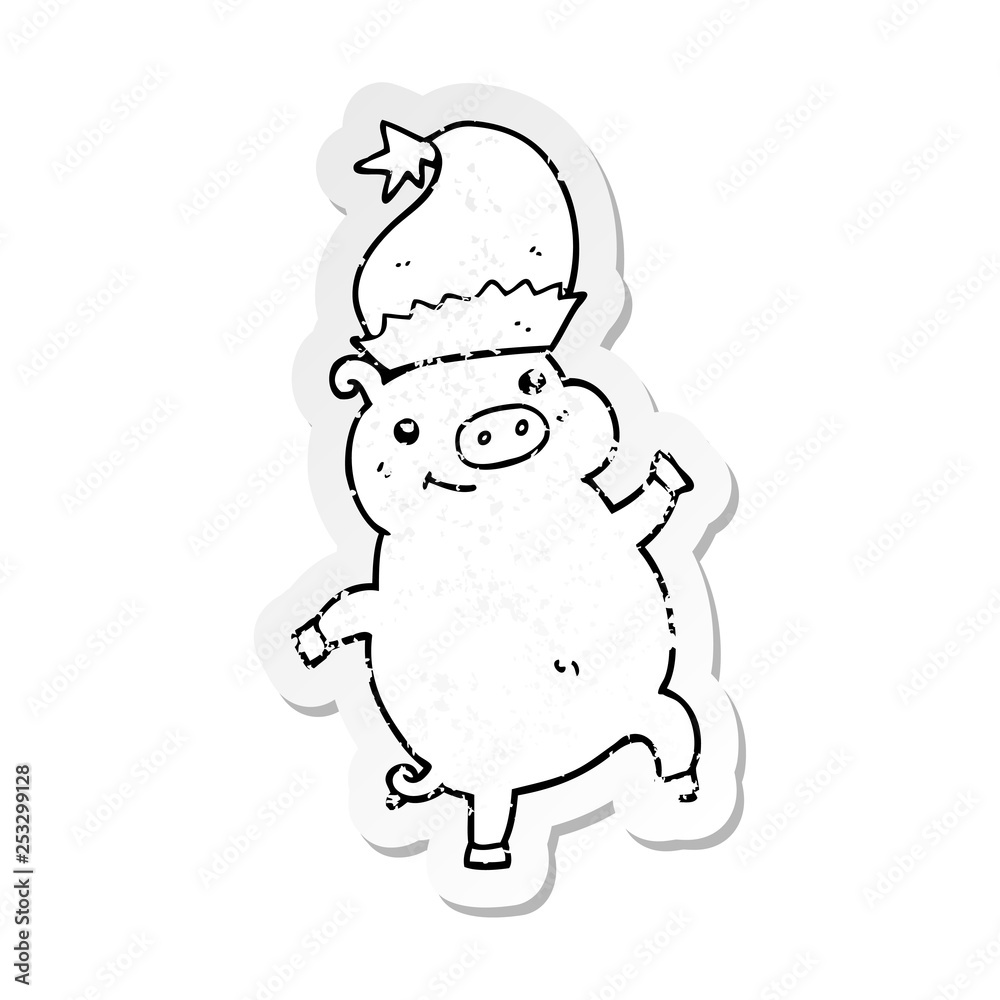 distressed sticker of a cartoon happy christmas pig distressed sticker of a cartoon happy christmas pig