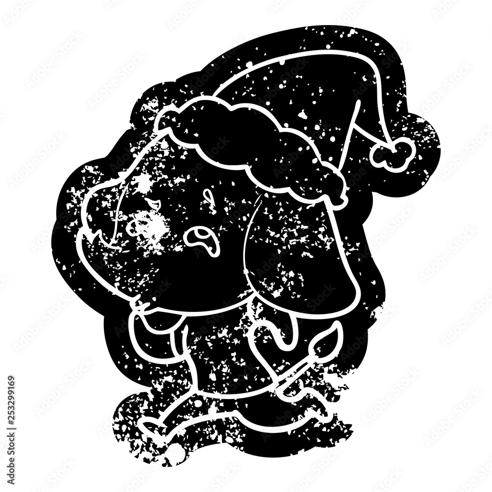cartoon distressed icon of a elephant remembering wearing santa hat cartoon distressed icon of a elephant remembering wearing santa hat