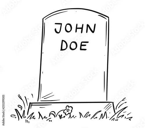Cartoon conceptual drawing or illustration of tombstone of unknown male person marked as John Doe.