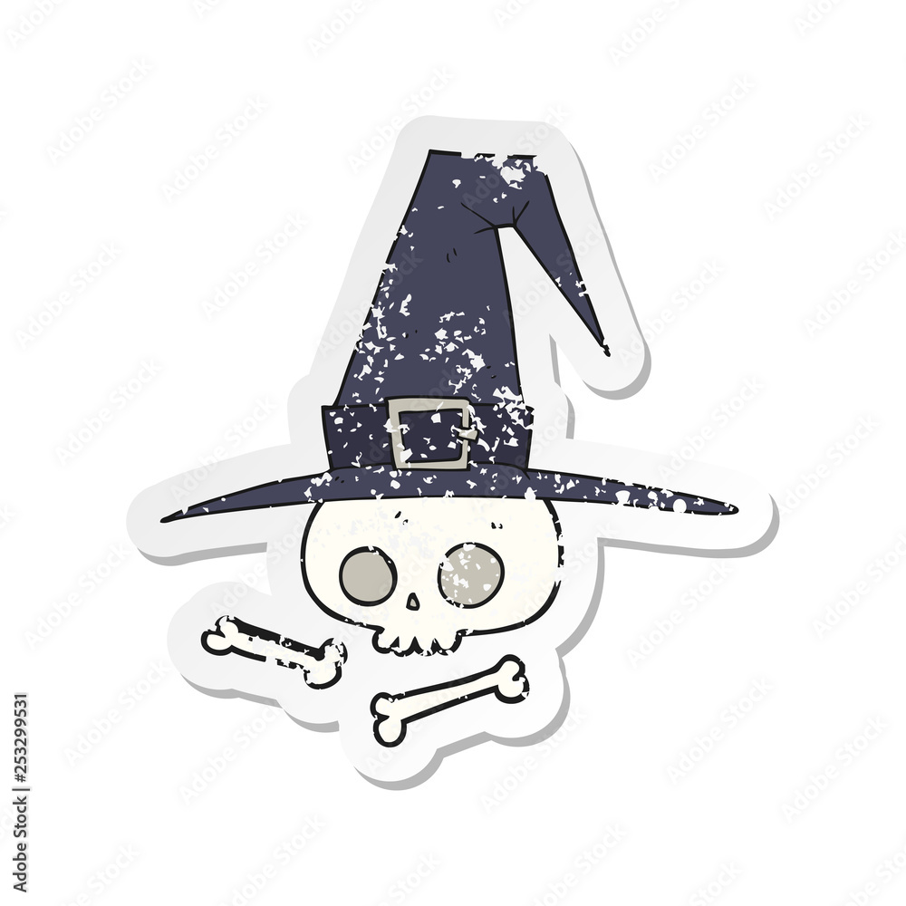 retro distressed sticker of a cartoon witch hat with skull retro distressed sticker of a cartoon witch hat with skull