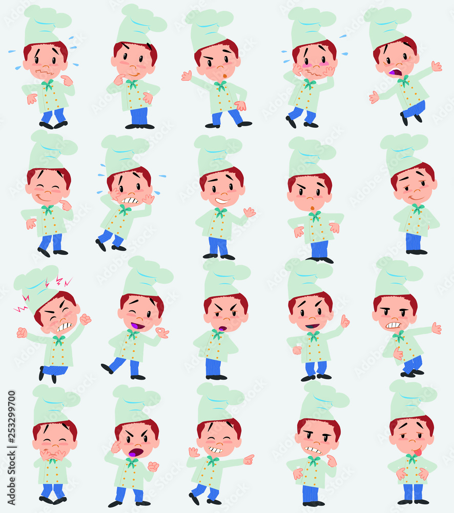 Cartoon character chef. Set with different postures, attitudes and poses, doing different activities in isolated vector illustrations. Cartoon character chef. Set with different postures, attitudes and poses, doing different activities in isolated vector illustrations.