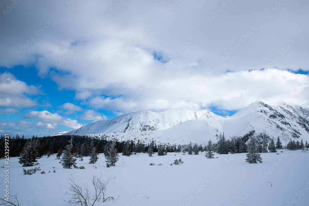 Snow covered mountain peaks in Zakopane and in Poland cover with fresh snow on a sunny day