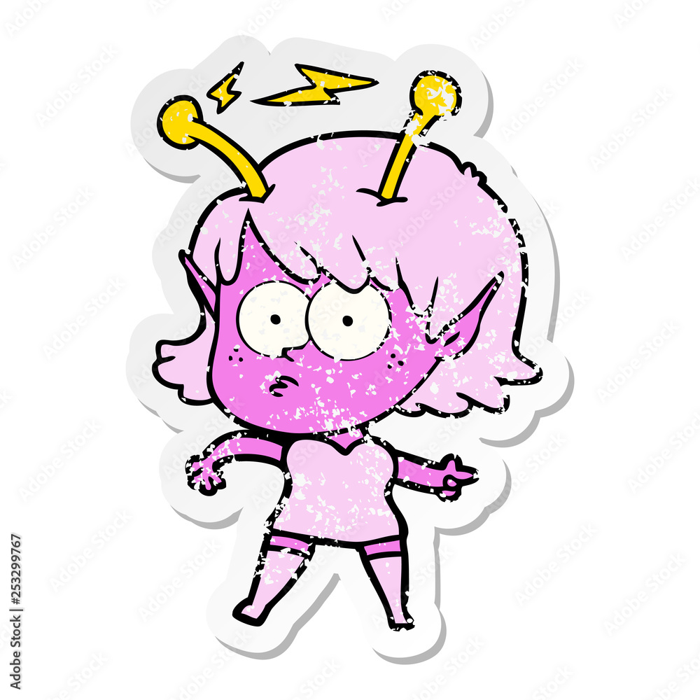 distressed sticker of a cartoon alien girl distressed sticker of a cartoon alien girl