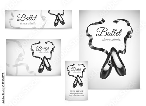 Black ballet shoes on backgroud poster, postcard, visit card, banner