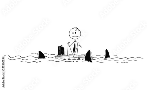 Cartoon stick figure drawing conceptual illustration of lonely businessman or castaway sitting lost and alone in the middle of ocean on piece of wood surrounded by sharks.