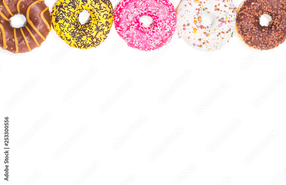 White background with five colorful donats