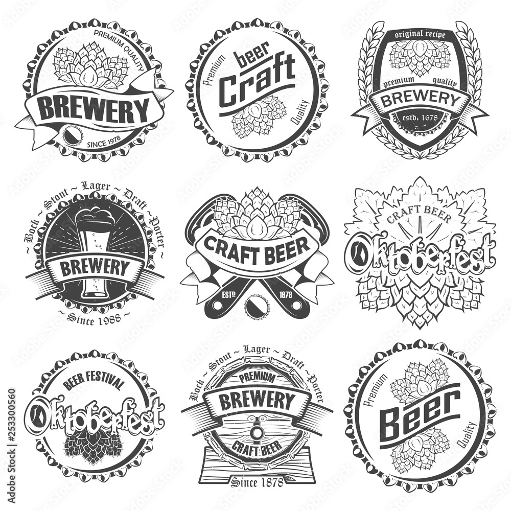 Fototapeta premium Set of nine Craft beer badge,monochrome style, vector