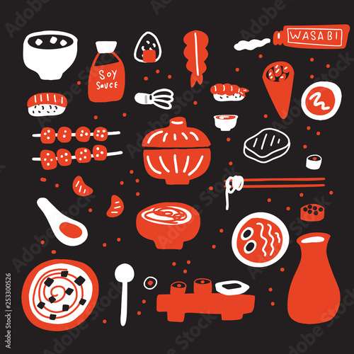 Set of japanese cuisine. Funny hand drawn food. Doodles. Made in vector.