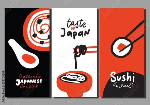 Japanese food. Set of flyer templates in doodle style. Made in vector.