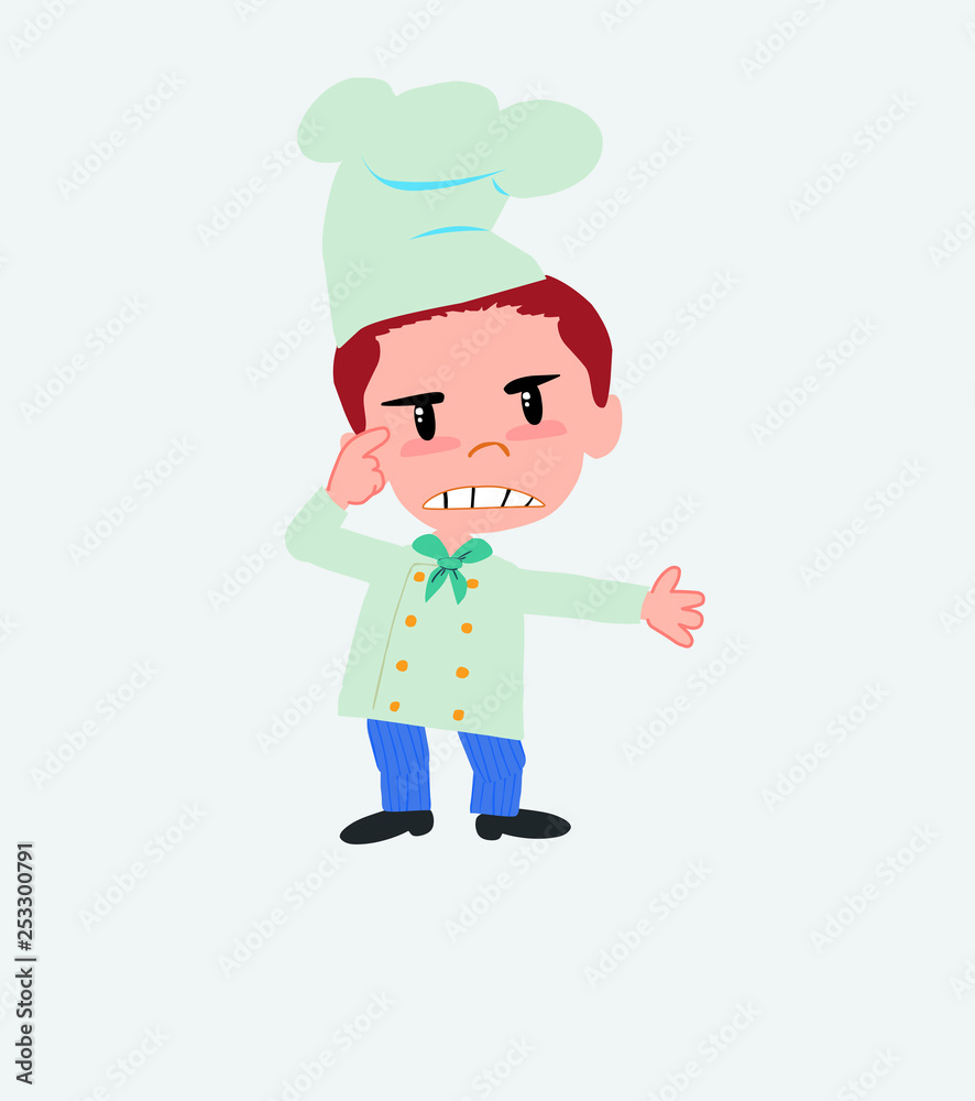 Chef, is angry and points his head with his index finger. Chef, is angry and points his head with his index finger.