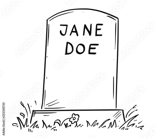 Cartoon conceptual drawing or illustration of tombstone of unknown female person marked as Jane Doe.