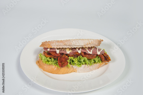 salami sandwich with lettuce, tomatoes and vegetable on white plate