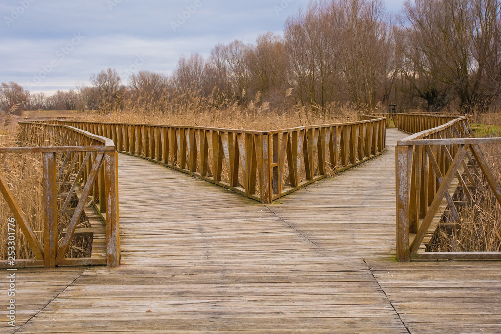 Wooden walkways in the Kopacki Rit Nature Reserve in winter in north east Croatia. Located by the Serbian border, close to the confluence of the Drava and Danube rivers, it is one of the largest and m