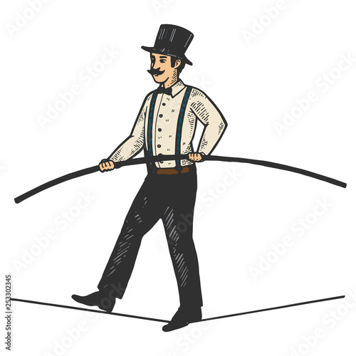 Man circus ropewalker color sketch engraving vector illustration. Scratch board style imitation. Black and white hand drawn image.