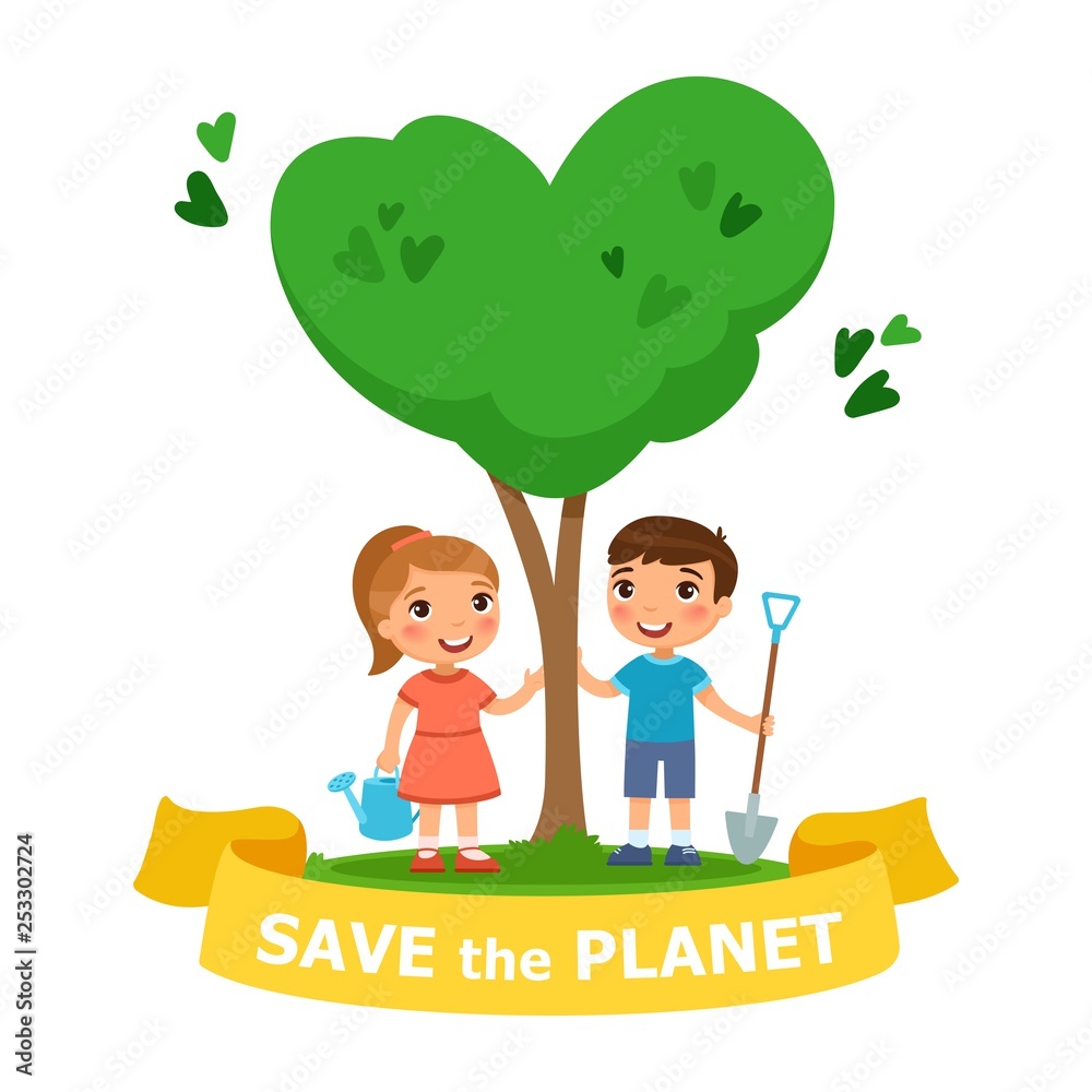 Cartoon boy and girl near the tree. Save the planet conceptual Illustration  Stock Vector | Adobe Stock