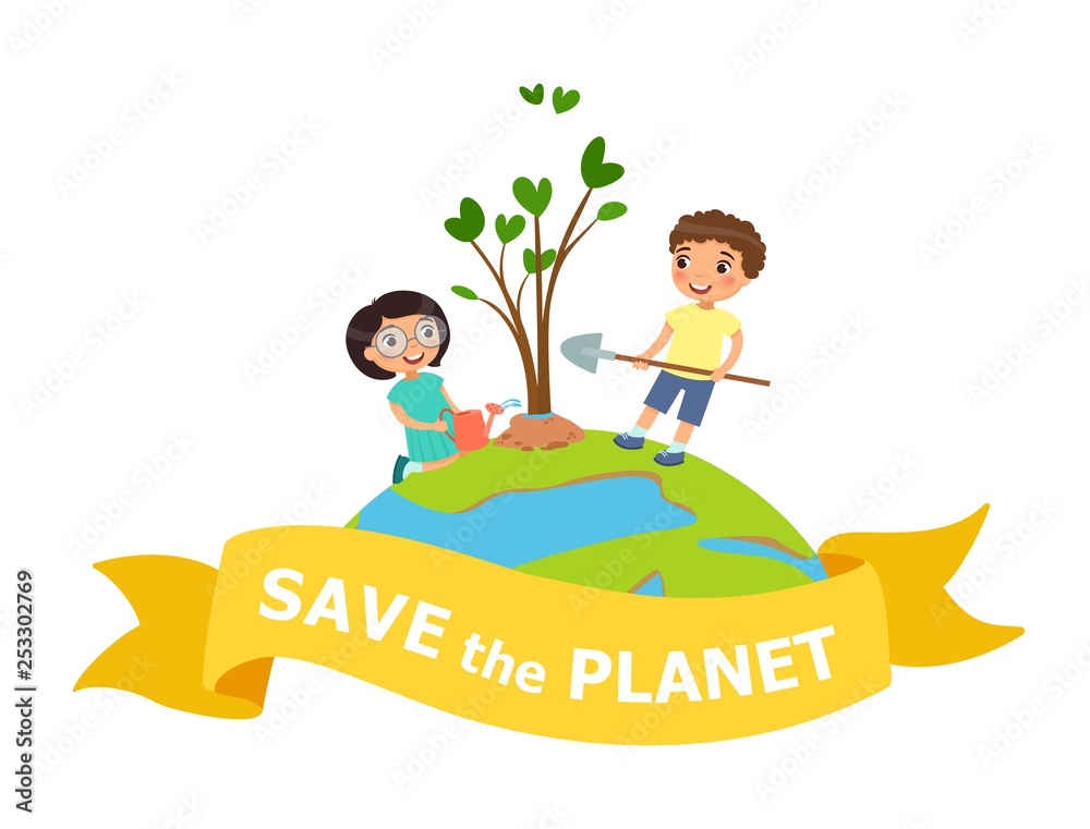 Save the planet - Mother Earth Day concept vector Illustration. Cartoon boy  and girl planting and watering tree. Stock Vector | Adobe Stock