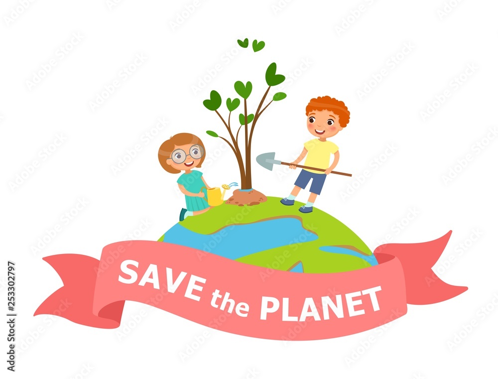 Cartoon boy and girl planting and watering tree. Save the planet - Earth  Day concept vector Illustration. Stock Vector | Adobe Stock