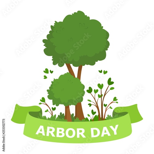 Arbor Day cartoon vector Illustration. Green trees and green ribbon