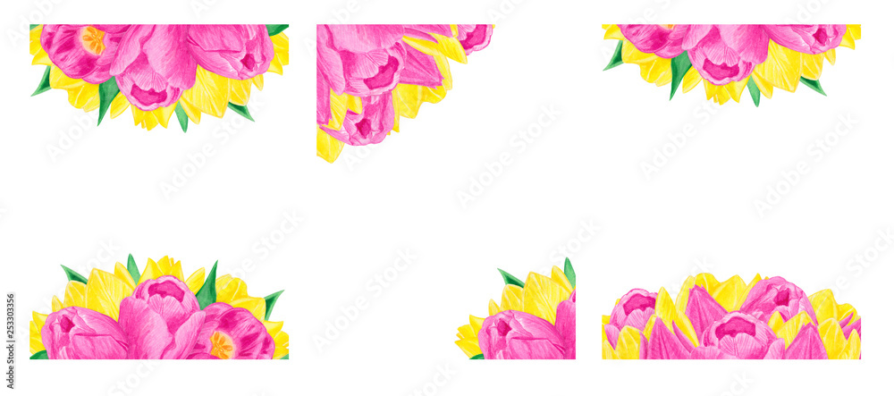 Set of tulip frames Pink yellow watercolor flowers