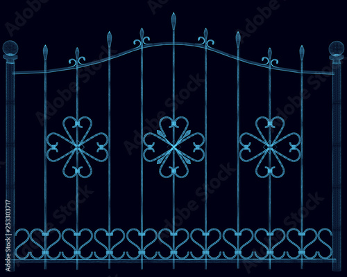 Decorative vintage fence. Wireframe of the gate of the blue lines on a dark background. Vector illustration