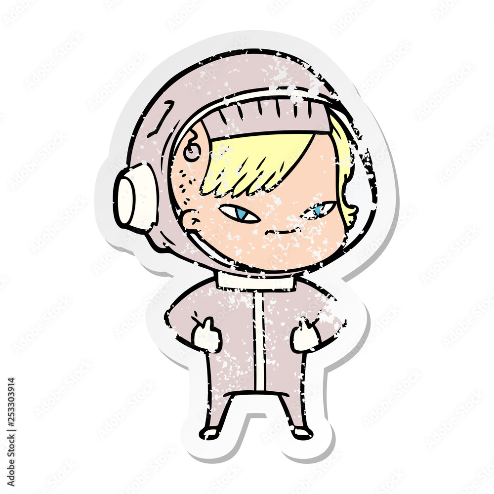 distressed sticker of a cartoon astronaut woman distressed sticker of a cartoon astronaut woman