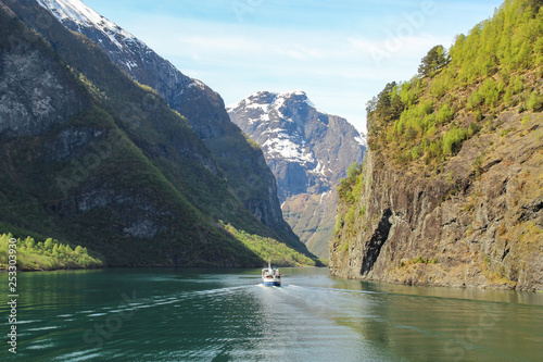 Ferry boat sailing on the fjord,Norway. Majestic landscape and nature of fjord