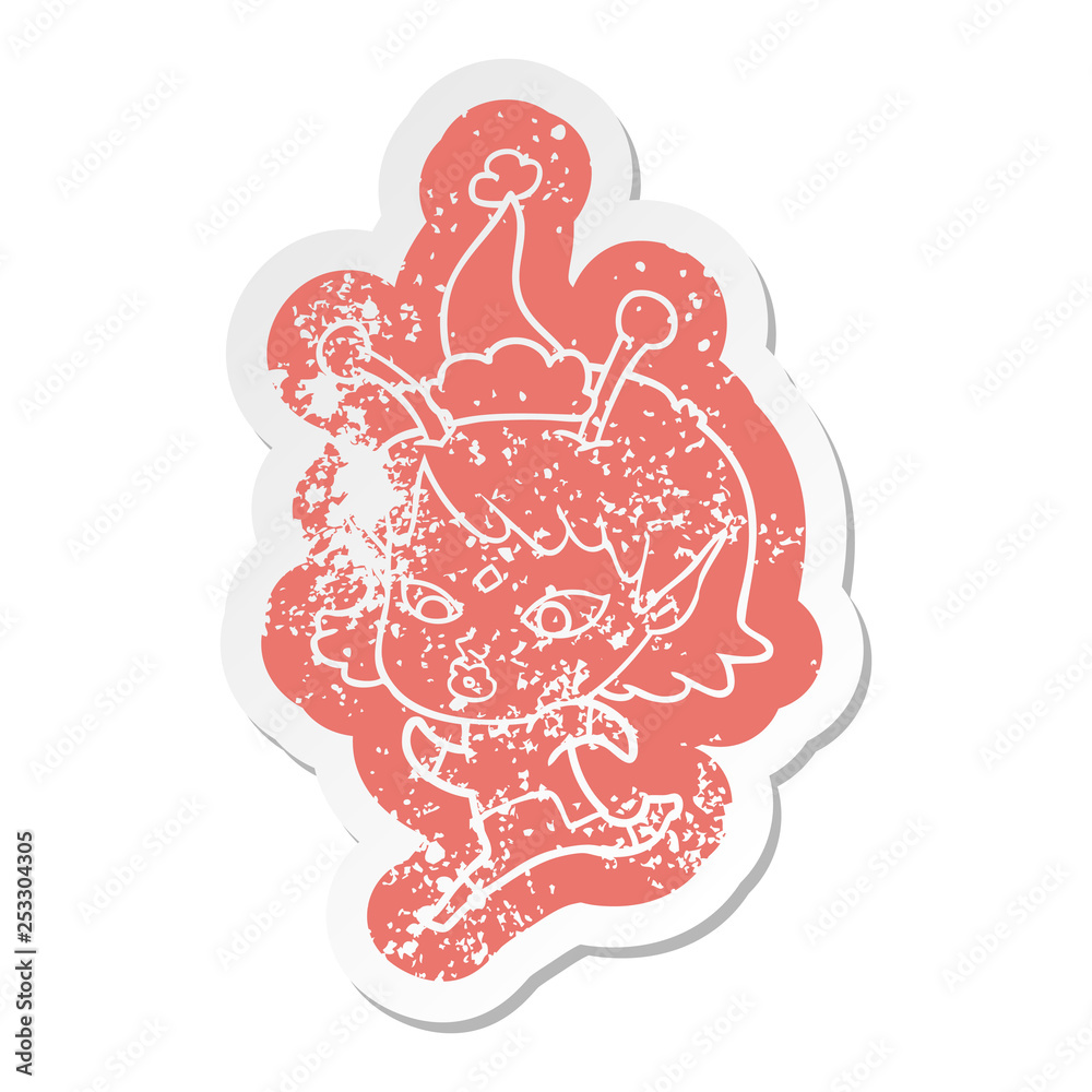pretty cartoon distressed sticker of a alien girl running wearing santa hat pretty cartoon distressed sticker of a alien girl running wearing santa hat