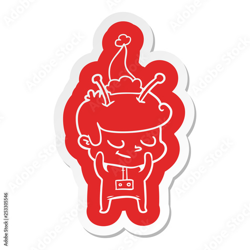 shy cartoon  sticker of a spaceman wearing santa hat