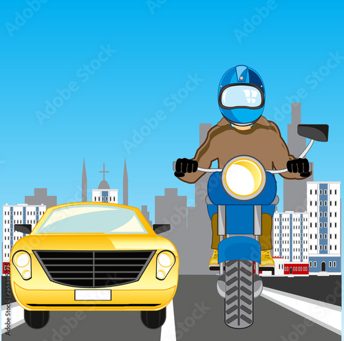 Motorcycle and car go on town road