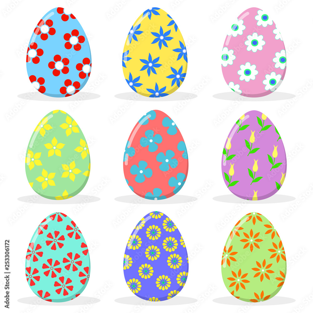 Easter eggs collection. Set of colorful Easter eggs with floral decoration. Isolated on white vector Easter eggs.